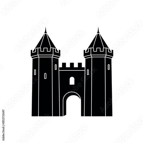 Black Silhouette of a Medieval Castle with Two Towers and an Archway.