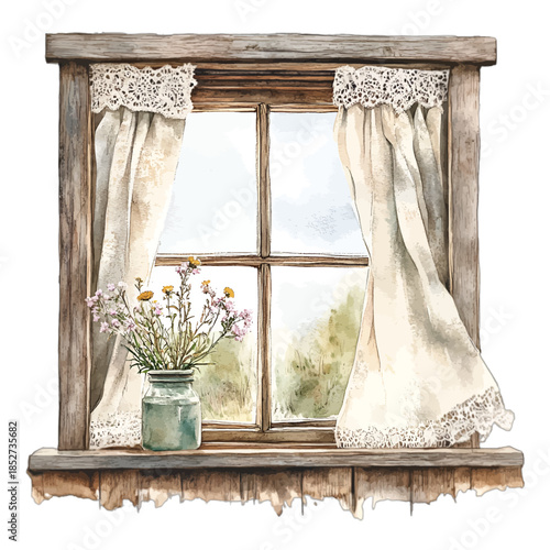 Watercolor Rustic Window With Wildflowers and Lace Curtains Clipart Illustration
