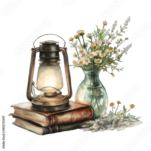 Watercolor Vintage Oil Lamp Books and Flowers Clipart Illustration
