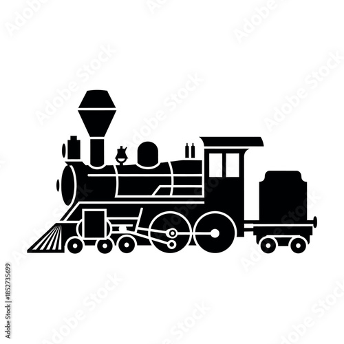 Classic Steam Locomotive Silhouette on White Background.