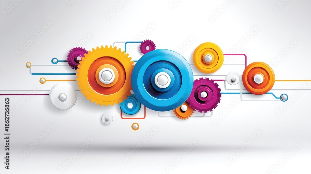 Obraz premium A vibrant graphic featuring colorful gears and lines, symbolizing mechanics, innovation, and technology in a modern design.