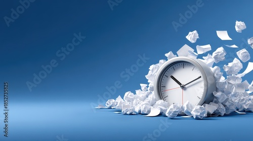 A clock surrounded by crumpled paper on a blue background, symbolizing time management and the pressure of deadlines.