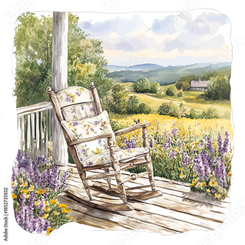 Watercolor Rustic Porch Rocking Chair With Lavender Flowers Countryside
