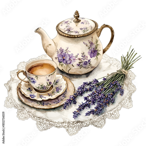 Watercolor Vintage Lavender Tea Party Set Teapot Clipart Illustration
