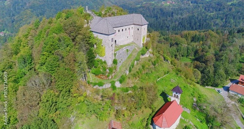 Aerial view of rural countryside and farmland near Kostel, Slovenia