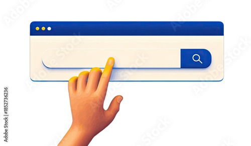 A hand interacts with a digital search bar interface on a screen