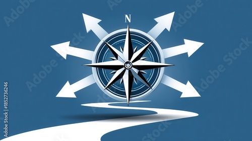 A compass graphic with multiple arrows radiating outward, symbolizing direction and navigation against a blue background.