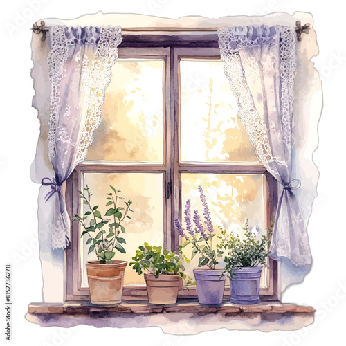Watercolor Vintage Window With Potted Plants and Lace Curtains Clipart
