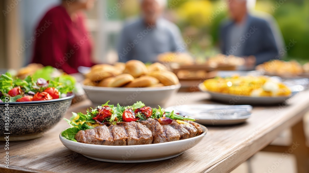 Fototapeta premium A vibrant outdoor gathering featuring a delicious spread of grilled steak, fresh salads, and baked goods, with people mingling in the background.