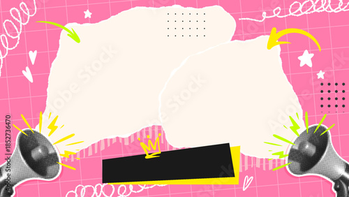 Pop Art Collage Frame with Megaphones, Speech Bubble Shapes, Doodles Scribbles Arrows Swirls on Pink Grid Background. Creative Social Media Banner, Poster Template Copy Space. Vector Illustration