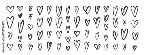 Heart Hand Drawn Doodle Icons Set. Cute Love Hearts in Black Ink Sketch Style for Valentine Day Designs, Stickers, Romantic Branding, Social Media and Decorative Collage. Vector Illustration