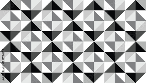 Sophisticated seamless geometric vector pattern featuring interlocking L-shaped tiles and solid black squares. The monochromatic palette of black, white, and gray provides a strong sense of architect