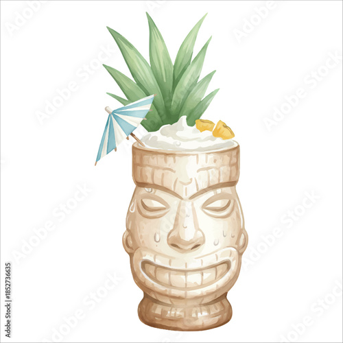 Pina Colada Watercolor Cocktail Vector Isolated on White Background
