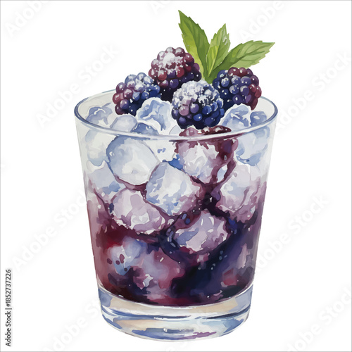 Blackberry Bramble Watercolor Cocktail Vector Isolated on White Background

