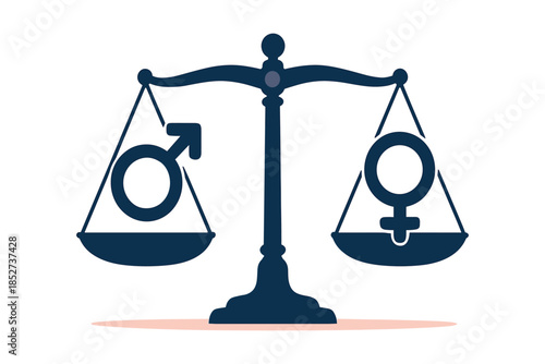 Balance scale with male and female symbols, equality concept showing gender representation, fairness and equal weight idea, flat vector illustration