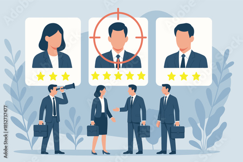 Business team reviewing and selecting candidates with star ratings for recruitment, flat vector illustration