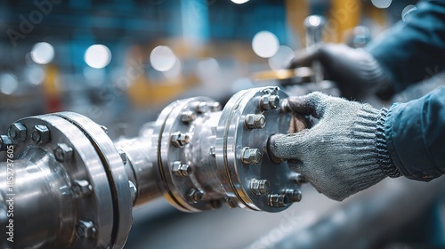 Industrial Precision: A skilled technician meticulously tightens a mechanical coupling, symbolizing the precision, dedication, and teamwork necessary for reliable industrial infrastructure.