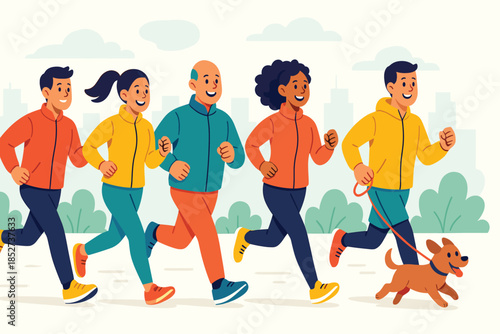 Group of people jogging together outdoors, friends running in park with cheerful dog, healthy lifestyle and fitness activity, flat vector illustration