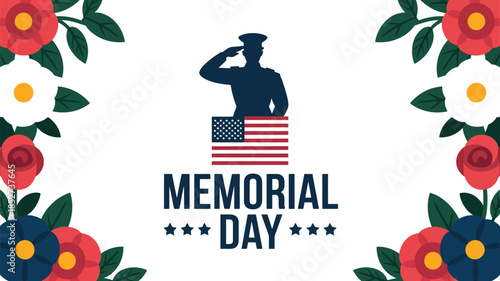  Memorial Day patriotic illustration with saluting soldier, American flag and floral border, honoring fallen heroes, military sacrifice, remembrance, respect and national pride