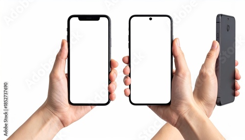 Hands holding up three different smartphones with blank white screens