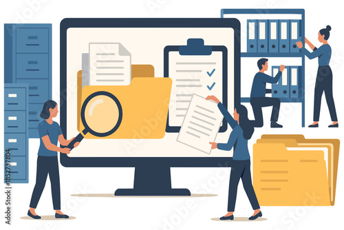 Office team organizing documents, people managing digital folders and paperwork on computer screen, file storage and information management concept, flat vector illustration