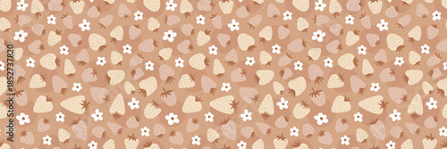 Cute strawberry and flower seamless pattern. Vintage background with floral fruit design, retro boho doodles, and playful berry illustrations in beige tones. Vector illustration