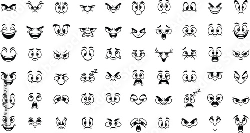 Cartoon facial expression grid with 64 stylized emotions on white background character design and emotion reference set