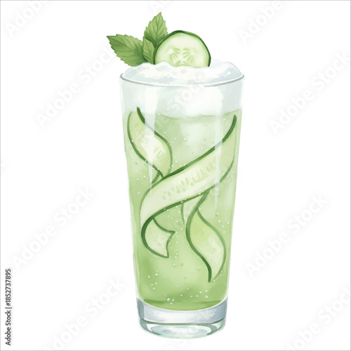 Cucumber Gin Fizz Watercolor Cocktail Vector Isolated on White Background
