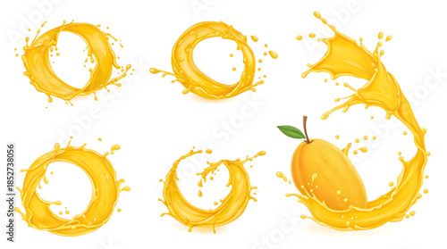 Mango juice splashes set forming vibrant tropical fruit liquid shapes.