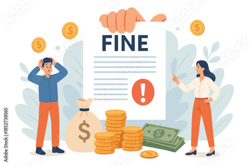 People reacting to financial penalty notice, large fine document with warning symbol, money piles showing payment impact, flat vector illustration