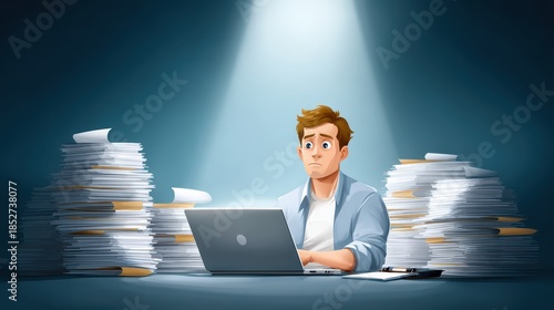 A man looks overwhelmed by paperwork while working on a laptop, illuminated by a single beam of light in a dimly lit environment.