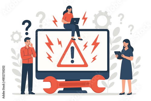 People troubleshooting computer error, warning alert on screen, large wrench symbolizing repair, flat vector illustration