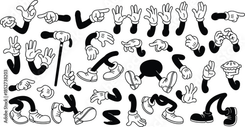 Vintage cartoon character limbs and accessories set with expressive poses on white background modular animation design