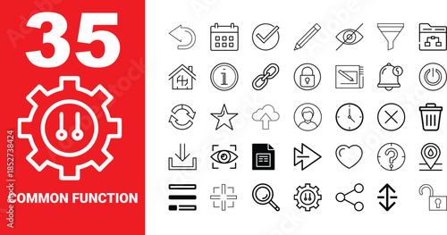 Common Function Icon Set for Web and Mobile UI/UX Design - Minimalist Outline Vector Icons for Navigation, Settings, and Interface Development