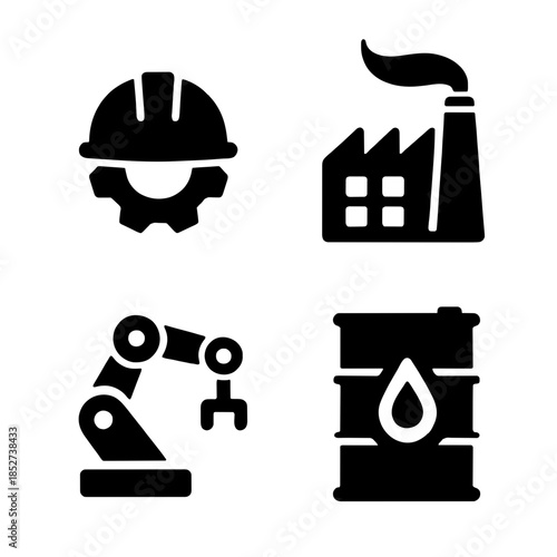 Industrial manufacturing icons set with factory, robotic arm and oil barrel vector.