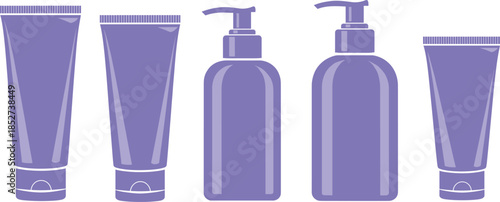 Purple cosmetic containers set with squeeze tubes and pump bottles on white background personal care packaging design