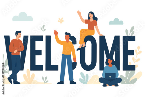 Welcome text with diverse people waving, sitting and interacting around big letters in flat vector illustration