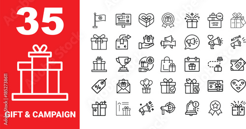 Gift and Marketing Campaign Icon Set - Minimalist Outline Vector Icons for E-commerce Promotions, Shopping Rewards, Discounts, and Advertising UI Design