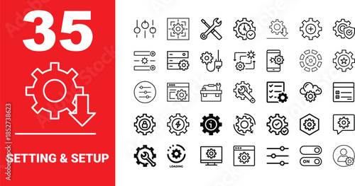 Setting and Setup Icon Set: 35 Linear Vector Icons for Configuration, System Preferences, Maintenance, and Technical Options.
