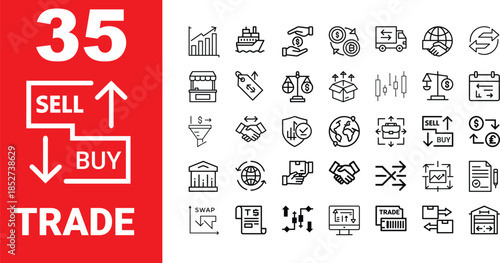 Trade and Commerce Icon Set: 35 Linear Vector Icons for Stock Market, Global Business, Import Export, Finance, and Buying and Selling.
