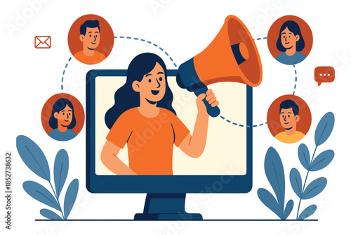 Woman announcing message through megaphone on computer screen, digital communication connecting people online, flat vector illustration