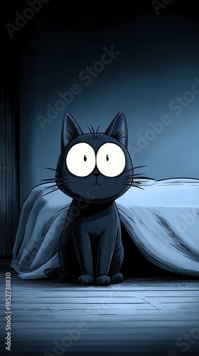 A cute cartoon black cat with large eyes sits on the floor, looking curiously from beneath a bed, in a dimly lit room.