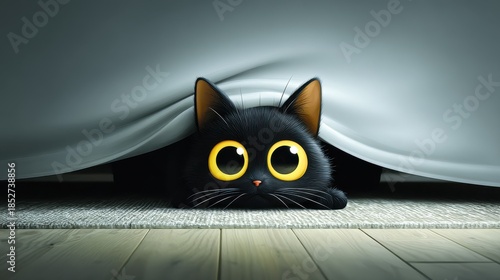 A cute black cat peeks out from under a curtain, showcasing its large yellow eyes and playful curiosity.