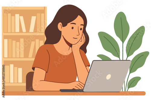 Woman working on laptop at home office desk with bookshelf and indoor plant, flat vector illustration