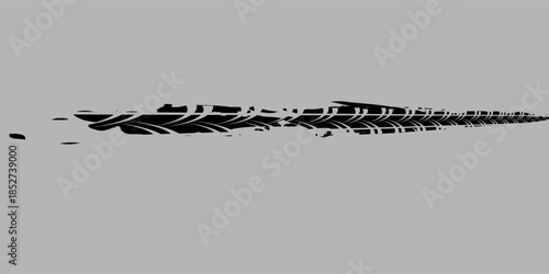 Black tire marks on road, Black rubber tire marks and tread marks, Tire trace track wheels texture and background, Auto tire tread grunge, Car wheel tyre tread track black tyre print, Aerial view.