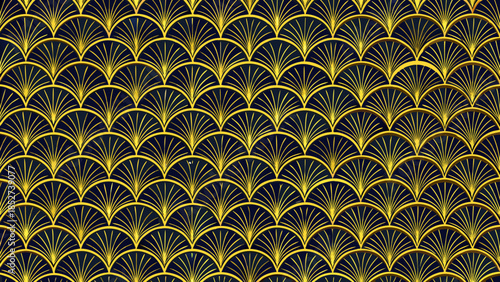 Art deco inspired golden fan shaped pattern on a dark navy background