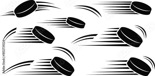 Stylized hockey pucks in motion with speed lines and dynamic angles on white background sports action design