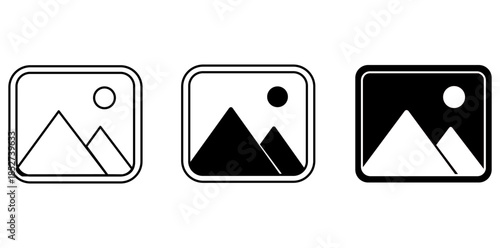 Iconic Mountain Landscape Illustrations A set of three minimalist icon designs, each depicting a stylized mountain range under a celestial body, evoking tranquility and natural beauty.