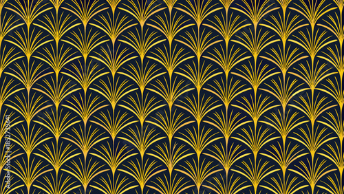 Elegant art deco pattern with repeating golden fan shapes on dark background