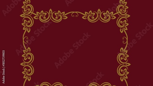 draw set of several purple flower decorate with green leaf enclose by golden frame in square shape on maroon screen background

